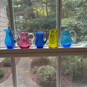 5 Crackle Glass Hand Blown Collectible Mini Pitchers